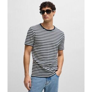 HUGO BOSS Shirt Mens XL Navy White Stripe Pullover Crew Cotton Linen TIBURT $128